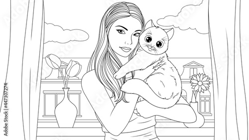 Vector illustration, a beautiful girl holding a beloved cat pet in her arms