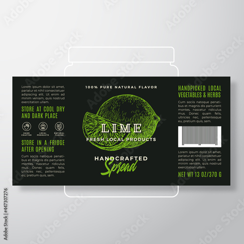 Handcrafted Fruit Spread or Jam Label Template. Abstract Vector Packaging Design Layout. Modern Typography Banner with Hand Drawn Slice and Whole Lime Silhouette Background. Isolated