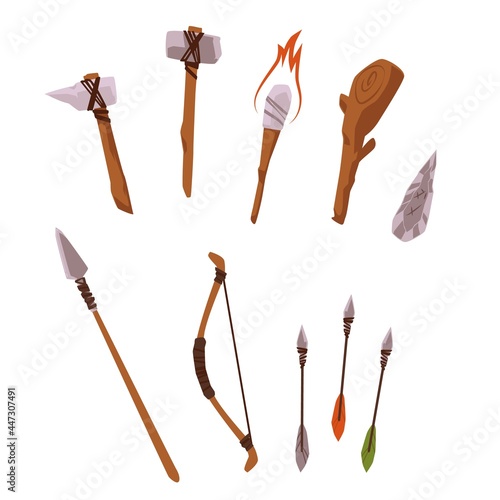 Primal ancient stone weapons and tools set flat vector illustration isolated.