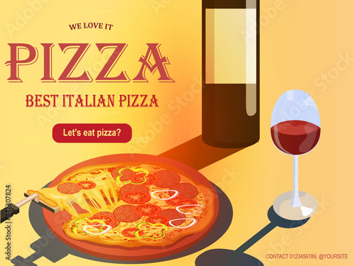 Fresh italian pizza with salami and cheese served with a bottle of red wine. Traditional Italian pizza recipe, Italian cuisine. Close up on pizza landing page. Vector on yellow background.