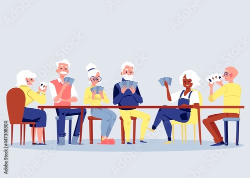 Group of seniors at table playing cards, flat vector illustration isolated.