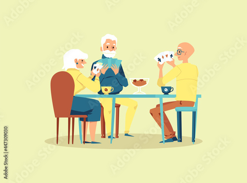 Aged people playing in card games at home or retirement center.