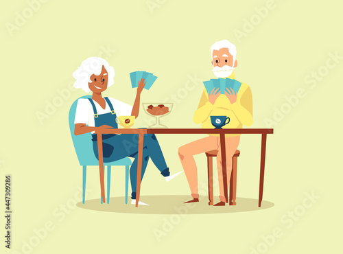 Elderly couple at table playing cards, flat vector illustration isolated.