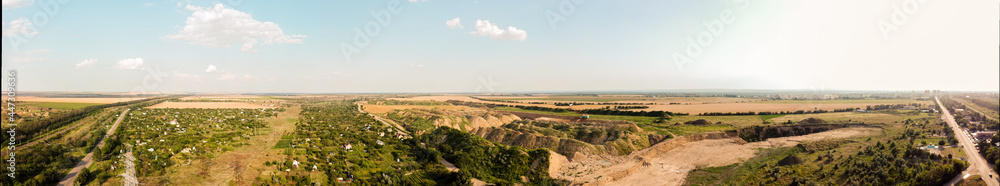 Panorama 360 spheres Aerial view of the road and sand pit in Moldova