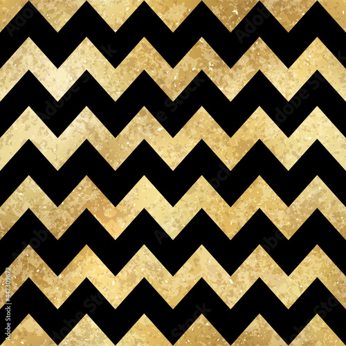 Vector Geometric Zigzag Striped Golden Seamless Pattern. Shiny gold foil patina repeat texture with black chevron. Abstract modern luxury metal print for digital paper, background, wallpaper