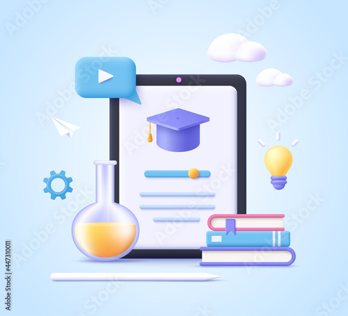 Concept of mobile learning, e-learning and online courses application. Education and back to school. 3d realistic vector illustration.