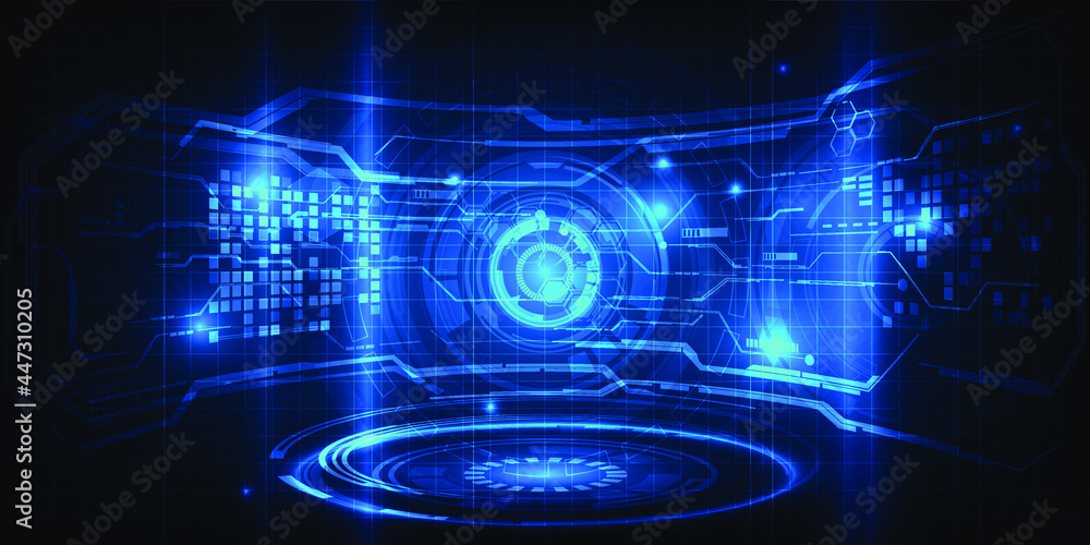 Obraz premium Futuristic hall laboratory and blank space layout stage with digital architectural hi-tech screen grid display.Futuristic high technology concepts. 