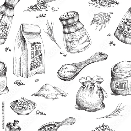 Natural sea salt seamless pattern or wrapping engraving vector illustration.