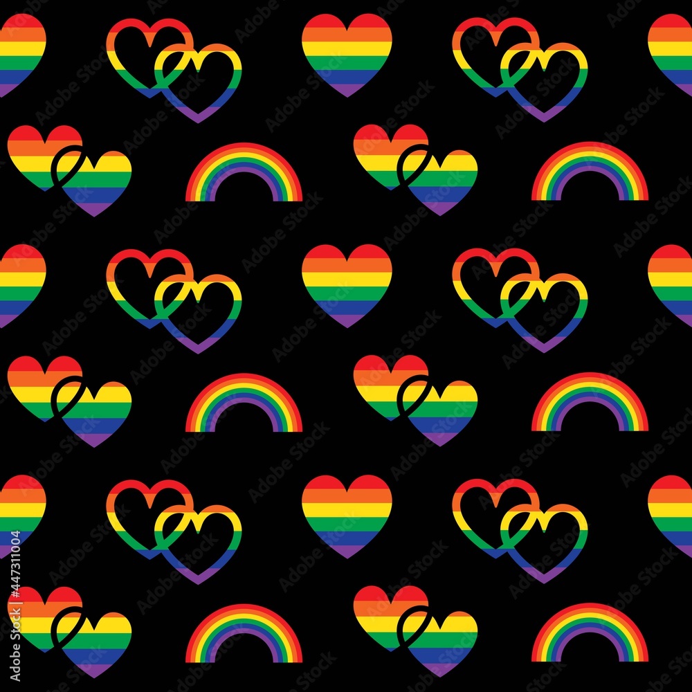 rainbow pride seamless pattern with hearts and rainbows on black background