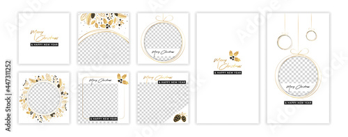 Christmas and New Year post and stories template set for social media. Gold ornament design backgrounds for blog, online shop