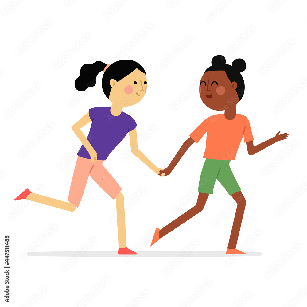 Two girls best friends run together vector illustration. African and caucasian female children hold hands, cute kids playing outdoors. Flat style happy childhood friendship concept, active lifestyle Two girls best friends run together vector illustration. African and caucasian female children hold hands, cute kids playing outdoors. Flat style happy childhood friendship concept, active lifestyle