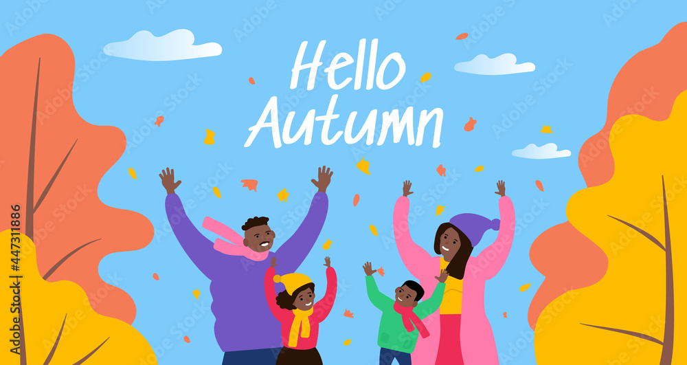 hello autumn happy african american family play with falling leaves vector illustration
