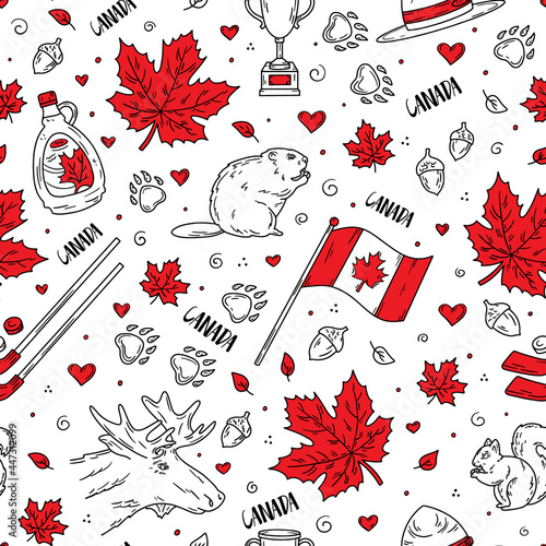 Happy National Day of Canada, seamless pattern with traditional symbols and icons in the Doodle sketch style. Vector concept for fabric and printing. Flag, maple leaves and animals.