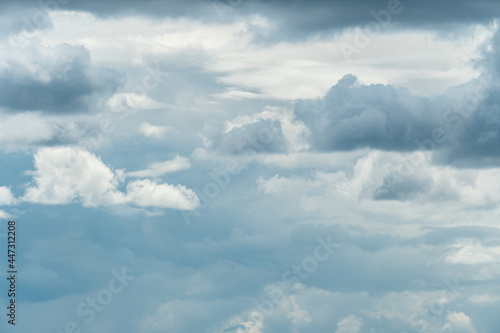 Clouds blue sky with morphing clouds moving at summer sunny day. Sky cloudscape. Nature, clean of birds, bugs, and dust.
