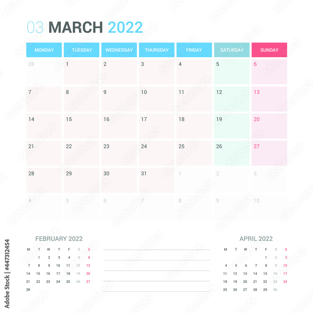 March 2022 Planner Calendar Week starts on Monday. Simple and clean calendar design planner template vector. March 2022 Planner Calendar Week starts on Monday. Simple and clean calendar design planner template vector.