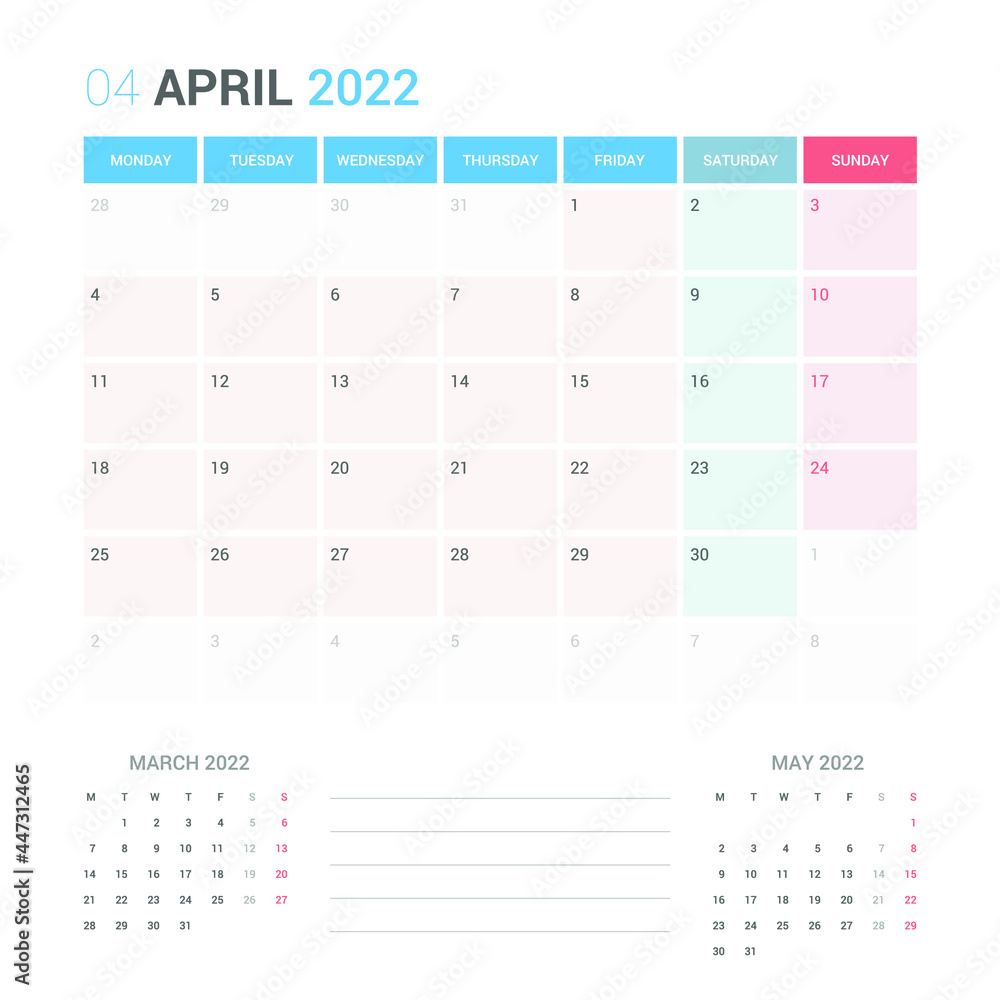April 2022 Planner Calendar Week starts on Monday. Simple and clean calendar design planner template vector. April 2022 Planner Calendar Week starts on Monday. Simple and clean calendar design planner template vector.