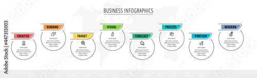 Business vector infographics with 8 line circles. Timeline visualization with eight steps for diagram, flowchart, banner, presentations, web, content, levels, chart, graphic