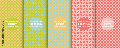 Set of bright vector colorful seamless geometric patterns - creative design. Vibrant curly backgrounds, endless curve textures