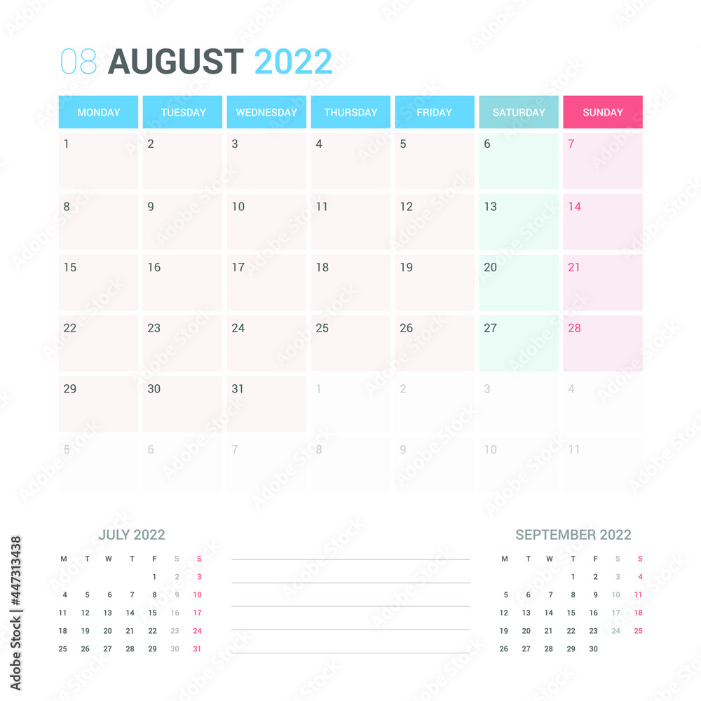 August 2022 Planner Calendar Week starts on Monday. Simple and clean calendar design planner template vector. August 2022 Planner Calendar Week starts on Monday. Simple and clean calendar design planner template vector.