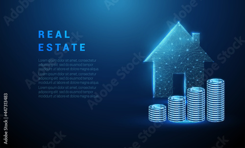 Abstract glowing blue stack of coins and house icon