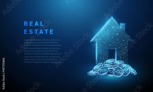 Abstract glowing blue pile of coins and house icon