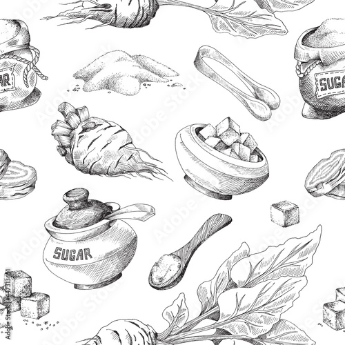 Vector design of seamless background with beet sugar, natural food sweetener.