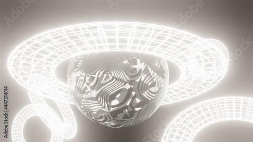 3D illustration. 3d render, abstract geometric background, multicolored balloons, primitive shapes, minimalist design, space, planet