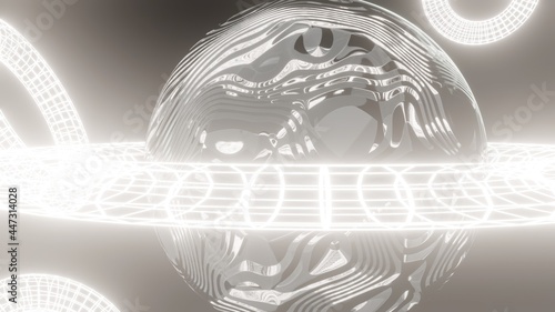 3D illustration. 3d render, abstract geometric background, multicolored balloons, primitive shapes, minimalist design, space, planet