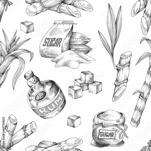 Monochrome cane sugar and rum seamless pattern, engraving vector illustration.