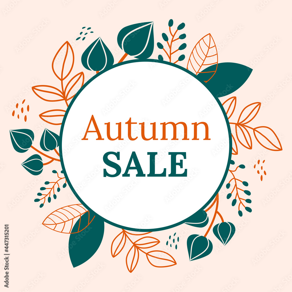 Autumn Sale Square Banner for Social Media. Green and Orange Elements on a Beige Background