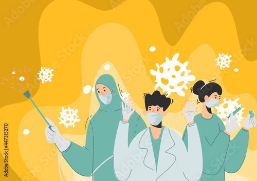 A team of doctors or medical personnel fighting the coronavirus pandemic 2019 COVID-19 educates people on self-prevention measures, treatment, prevention and social distancing.