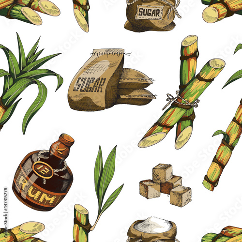 Cane sugar and rum seamless pattern, color engraving vector illustration.