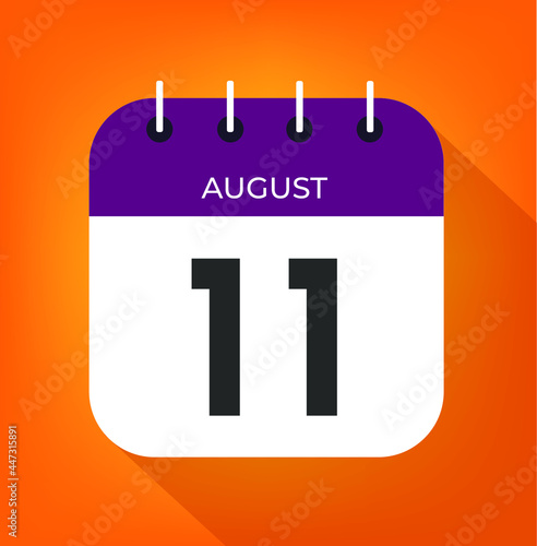 August day 11. Number eleven on a white paper with purple color border on a orange background 