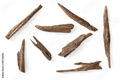 Agarwood sticks isolated on white background, top view