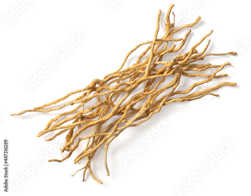 Dried vetiver roots isolated on white background, top view