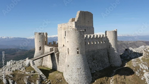 Aerial drone footage view Rocca Calascio, castle on the hill, in Abruzzo Italy // no video editing
 photo