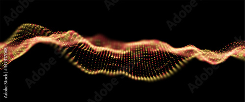 Abstract gold and red particles background. Flow wave with dot landscape. Digital data structure. Future mesh or sound grid. Pattern point visualization. Technology vector illustration.