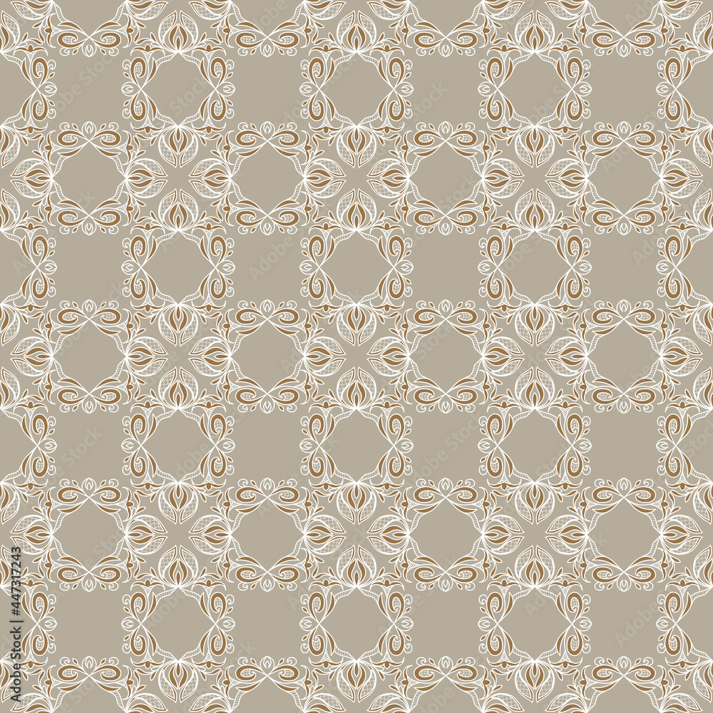 Beautiful seamless lace pattern in beige and brown colors, abstract floral elements. Great for decorating fabrics, textiles, gift wrapping design, any printed materials, advertising, or other design.