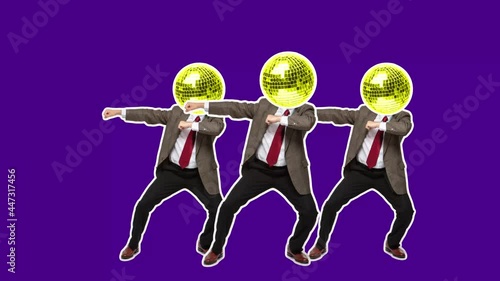 Stop motion design or art animation. Dancing businessman with disco ball head. Fashion dance with color background. Funny man. Modern, conceptual, contemporary bright 4k artcollage. Party time concept photo