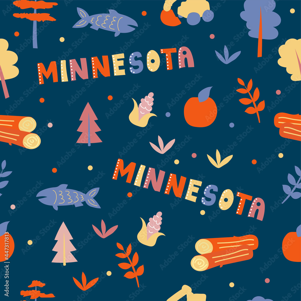 USA collection. Vector illustration of Minnesota theme. State Symbols - seamless pattern on blue