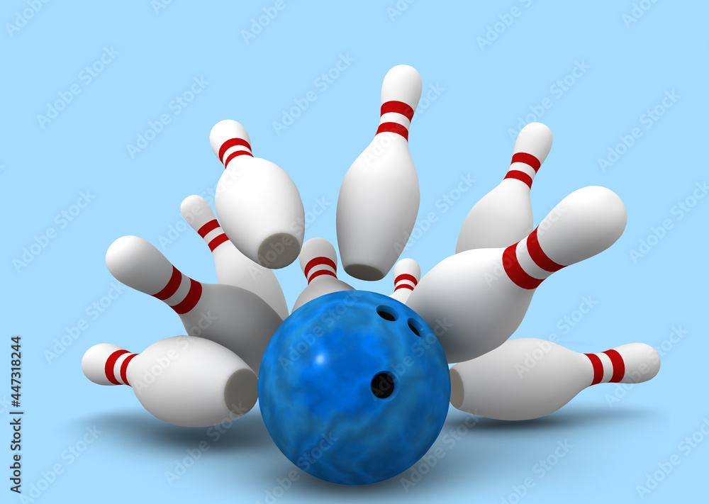 Bowling ball crashing into the pins,3D illustration Bowling ball crashing into the pins,3D illustration