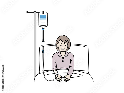 入院する年配の女性　高齢者　病院　点滴　イラスト素材