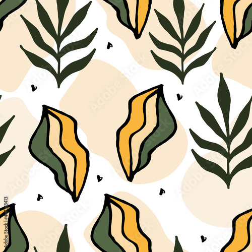Abstract hand drown tropical seamless pattern with leaves. for wallpapers, textiles, papers, fabrics, web pages. Leaf ornament, vintage style. Vector illustration.
