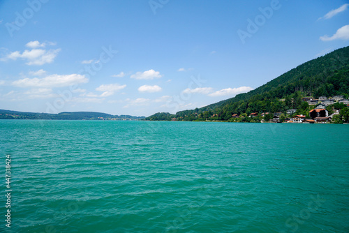 Landscape shots of the Bavarian Tegernsee lake and its shores with mountains in the background
