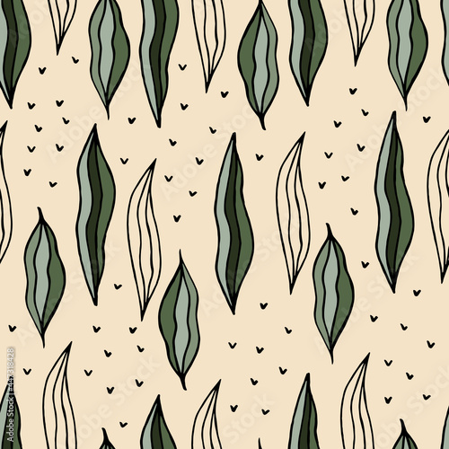 Abstract hand drown tropical seamless pattern with leaves. for wallpapers, textiles, papers, fabrics, web pages. Leaf ornament, vintage style. Vector illustration.