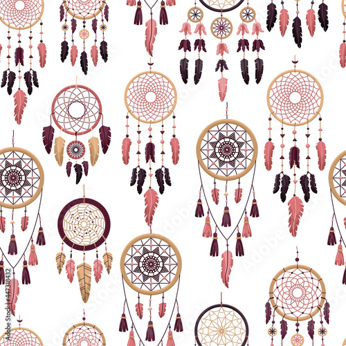 Vector seamless pattern with boho dreamcatchers. Flat style