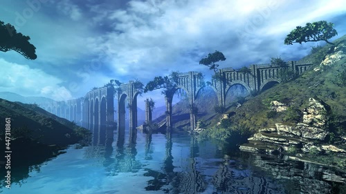 Fantastic landscape with a river and an aqueduct.