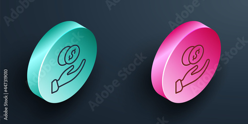 Isometric line Donation hand with money icon isolated on black background. Hand give money as donation symbol. Donate money and charity concept. Turquoise and pink circle button. Vector