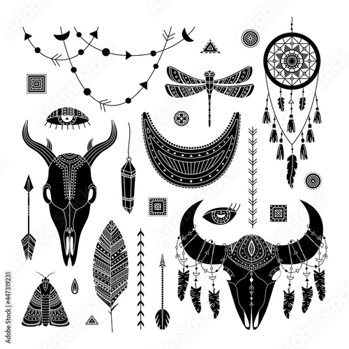 Vector set of boho illustrations. Simple style. Dreamcathers, animal skull, feathers and arrows