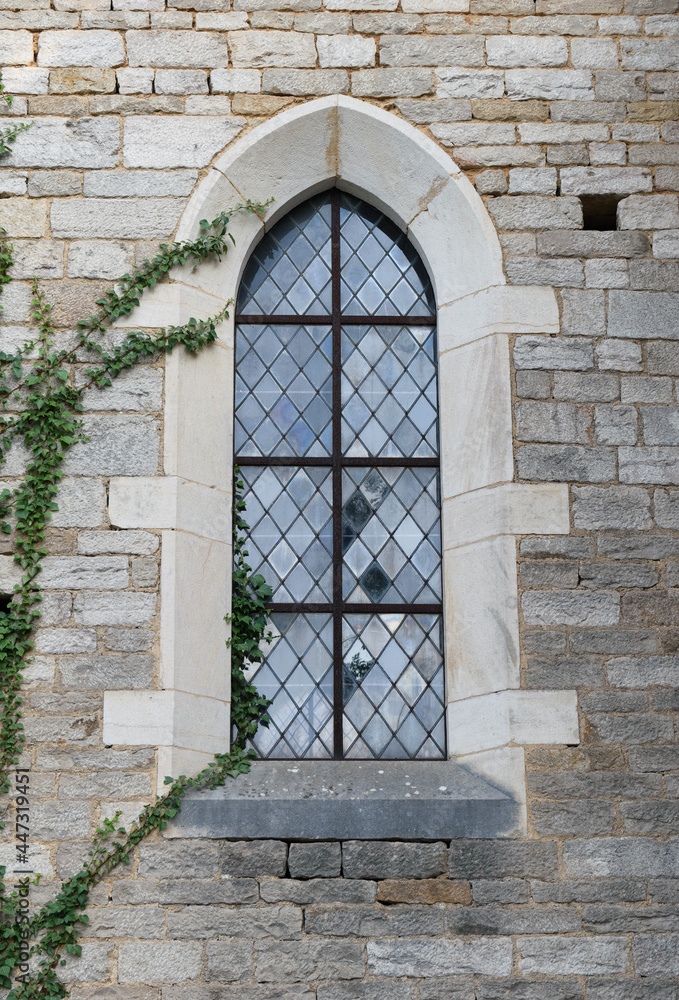 Church window with stained glass exterior